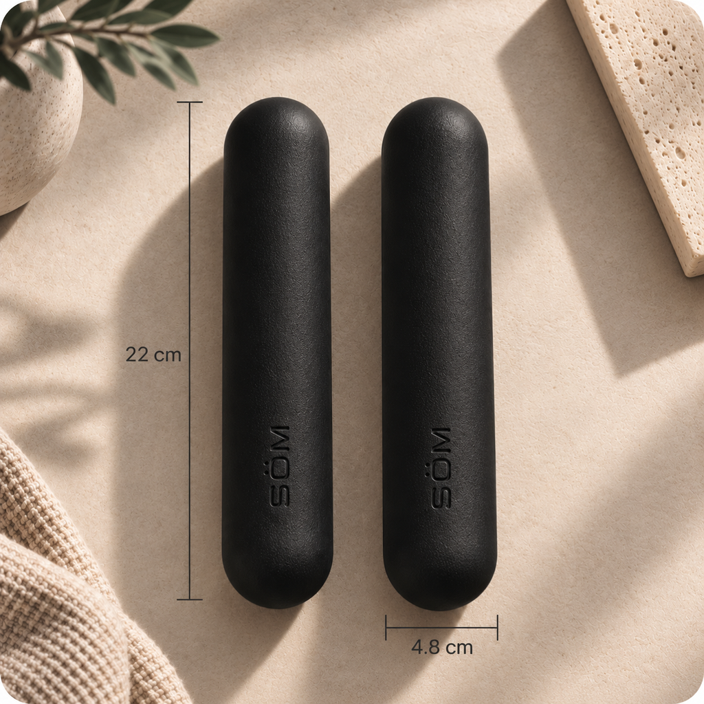 Black SÖM Balance Weights showing 22 cm length and 4.8 cm width
