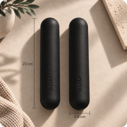 Black SÖM Balance Weights showing 22 cm length and 4.8 cm width