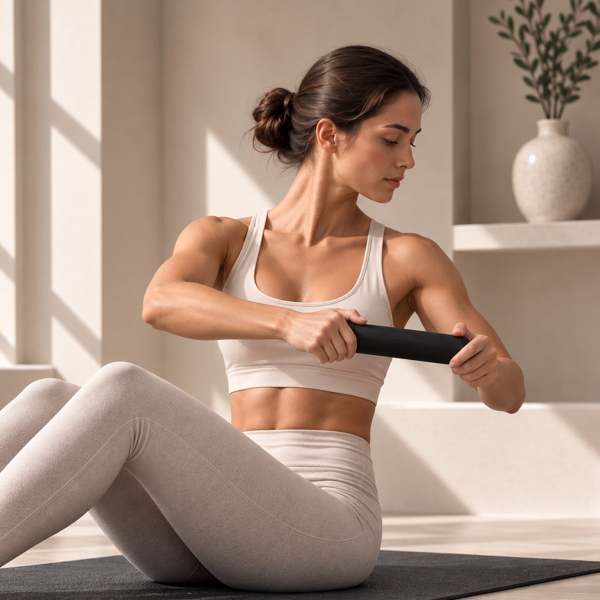 Woman performing a seated core exercise with a SÖM Balance Weight