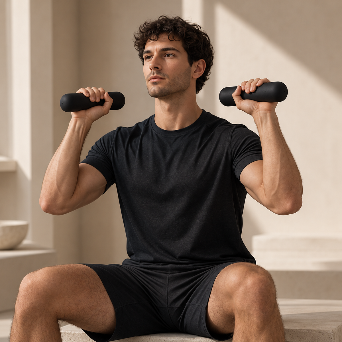 Man training with SÖM Balance Weights held at shoulder height