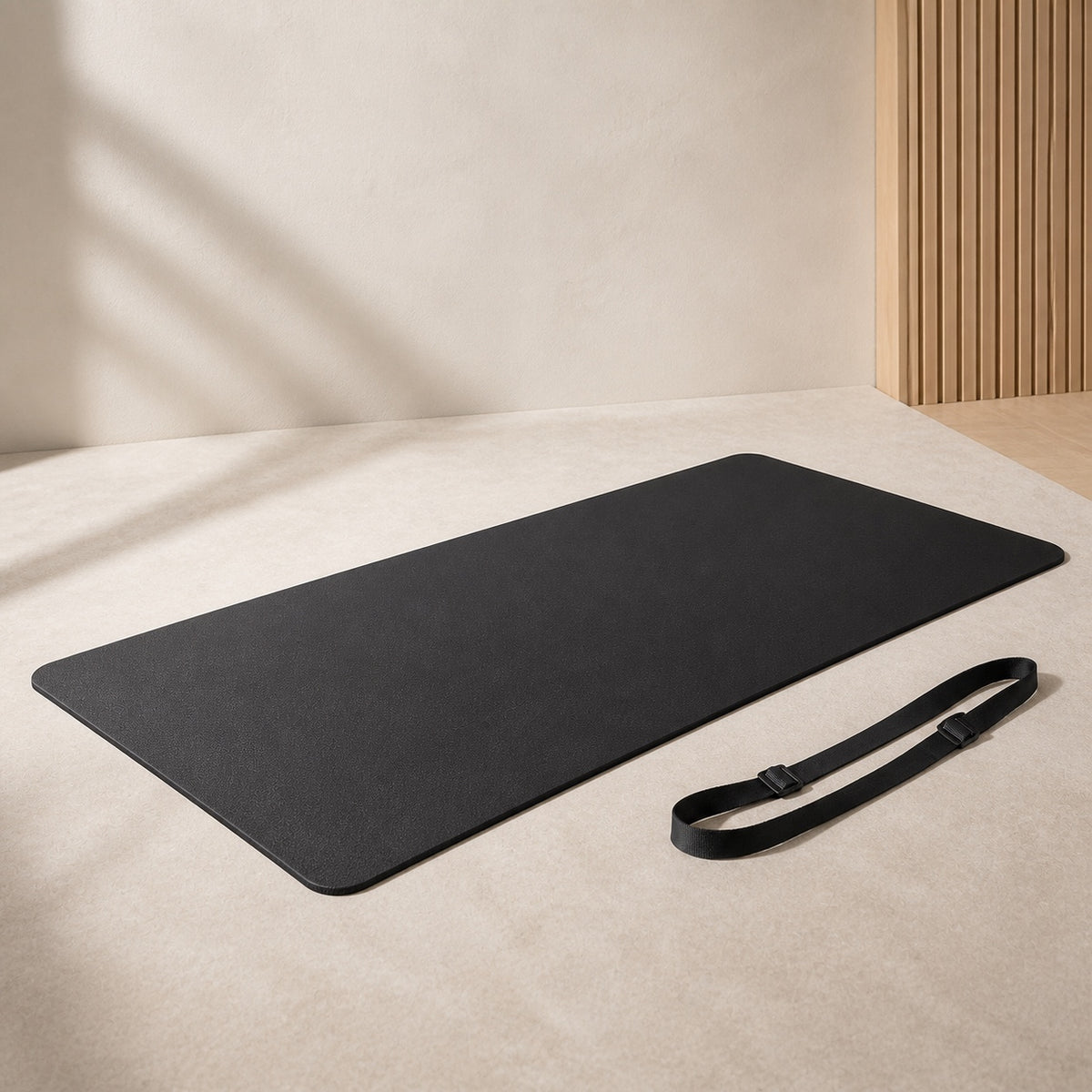 Black SÖM Ground Mat laid flat with carry strap