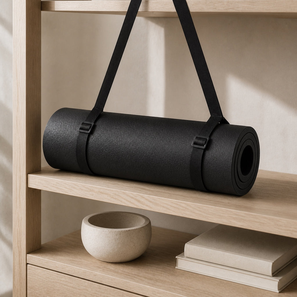 Rolled SÖM Ground Mat stored on a wooden shelf