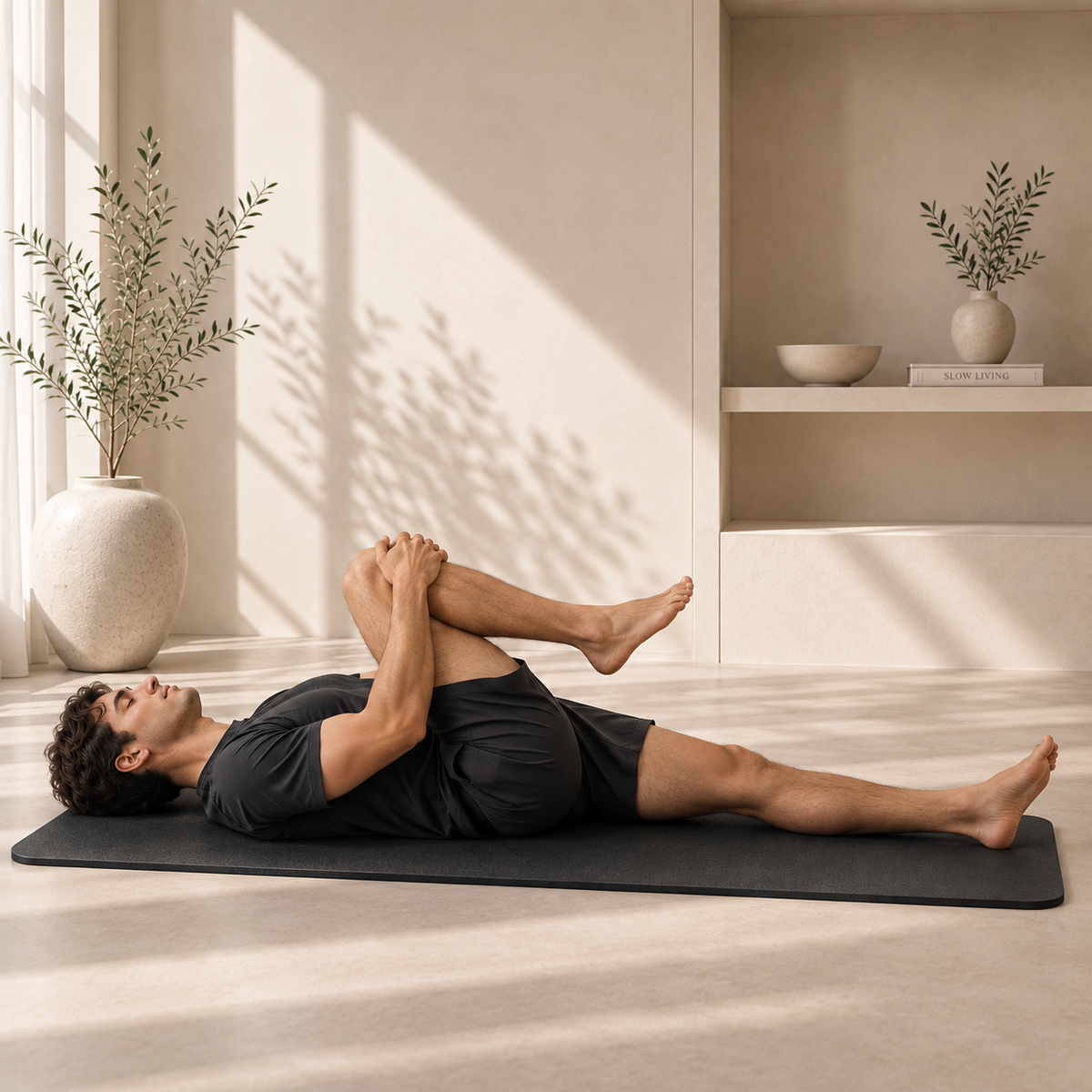 Man performing a supine spinal twist on the SÖM Ground Mat