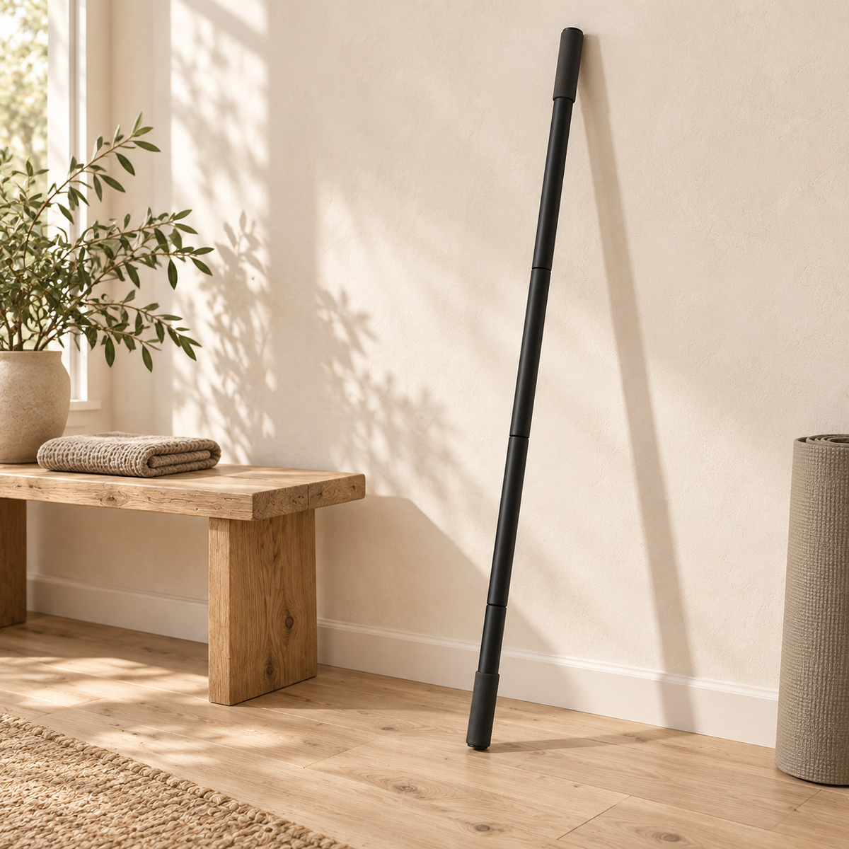 Assembled SÖM Mobility Stick leaning against a wall beside a wooden bench in a bright home interior.