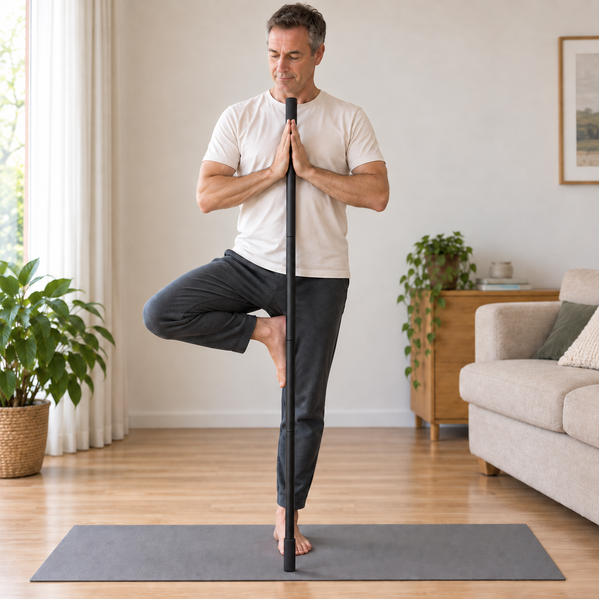 Man balancing in tree pose while holding a vertical SÖM Mobility Stick resting on an exercise mat.