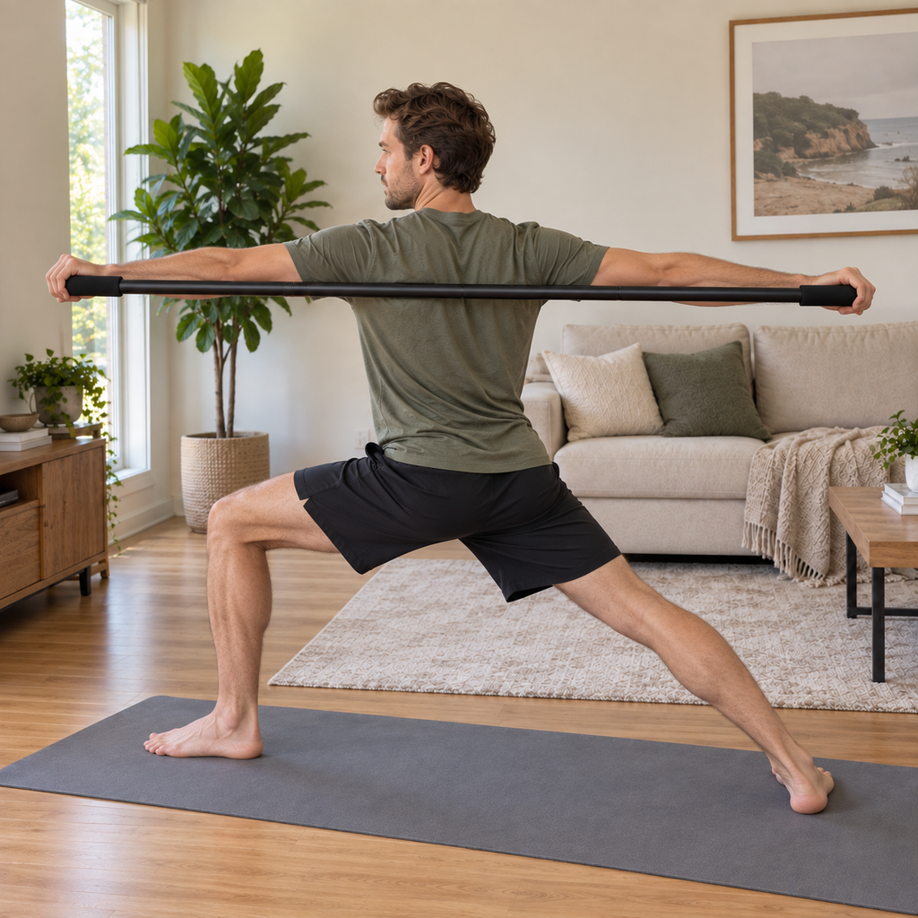 Man in Warrior II pose holding the SÖM Mobility Stick behind his upper back with both arms extended.