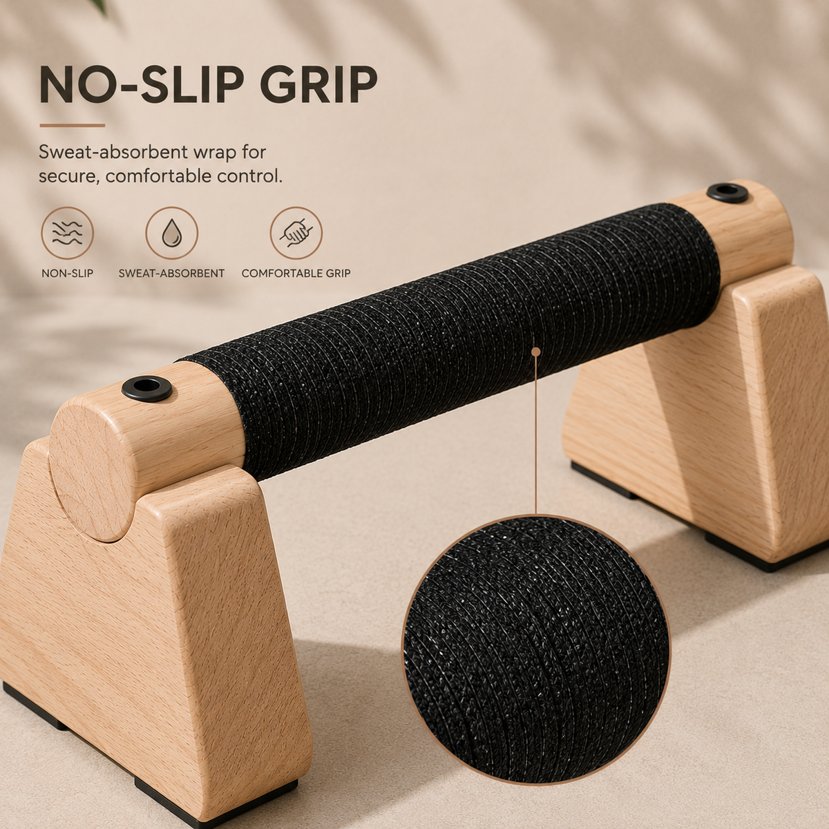 Close-up of the black textured grip wrap on a wooden SÖM Push-Up Bar, with an enlarged texture detail.
