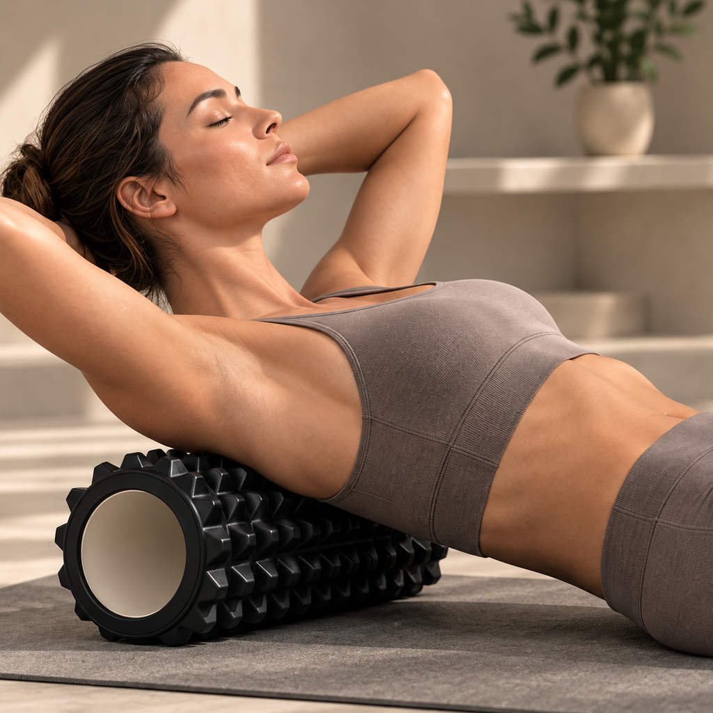 Woman using the SÖM foam roller for controlled upper-back recovery
