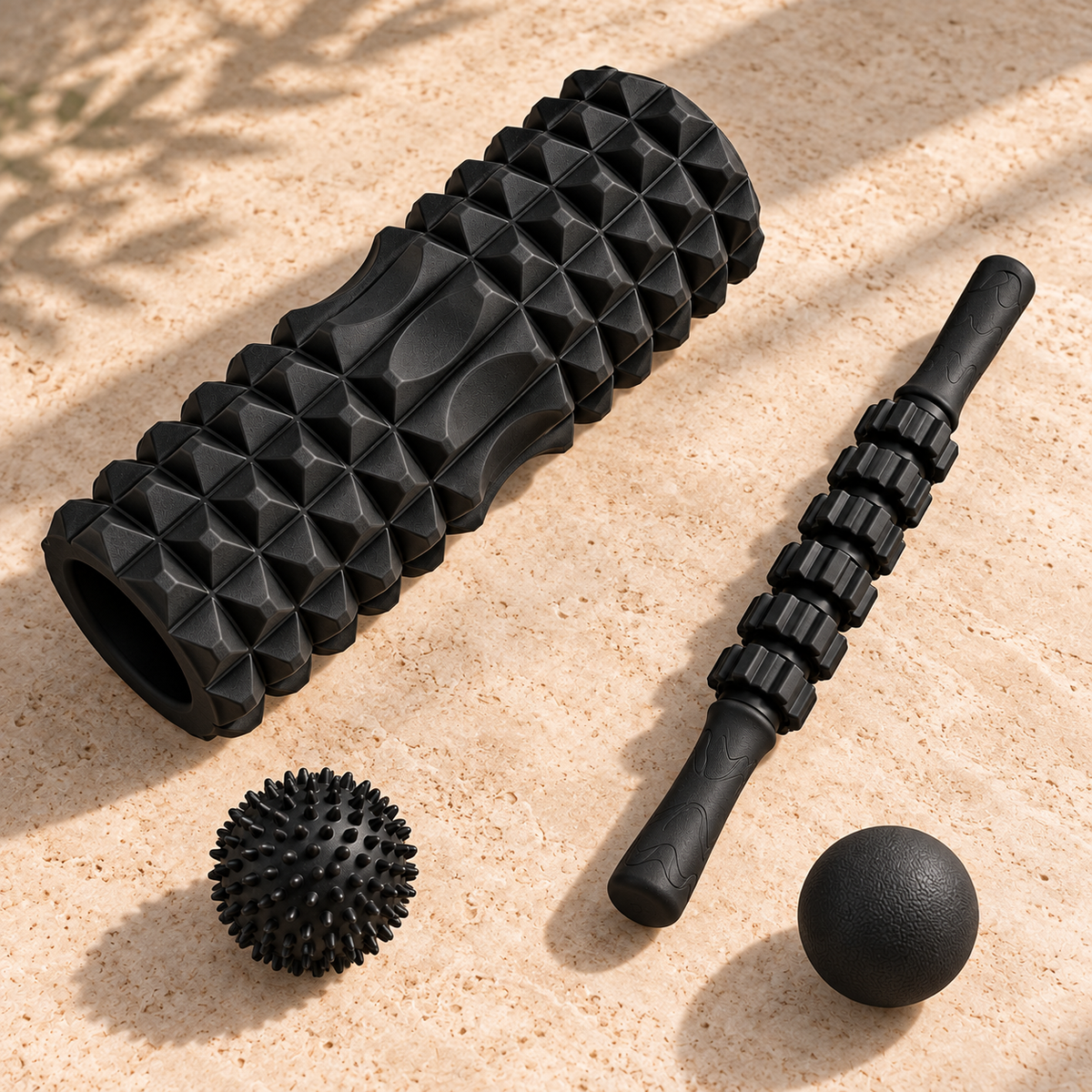 Black SÖM Recovery Set with foam roller, massage stick, massage balls and carry bag