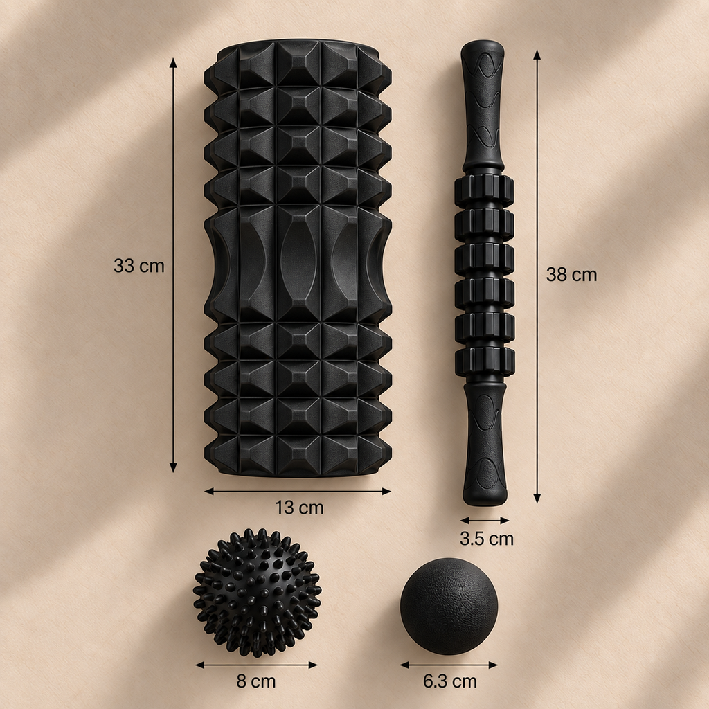 SÖM Recovery Set showing foam roller, massage stick and massage ball dimensions