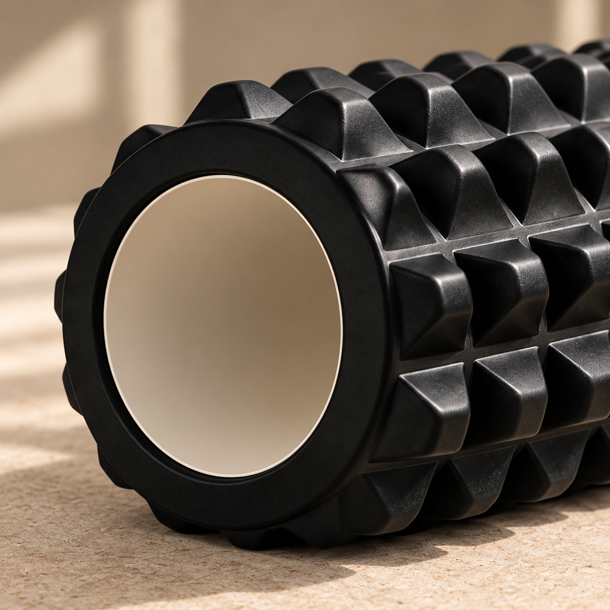 Close-up of the textured black foam roller from the SÖM Recovery Set