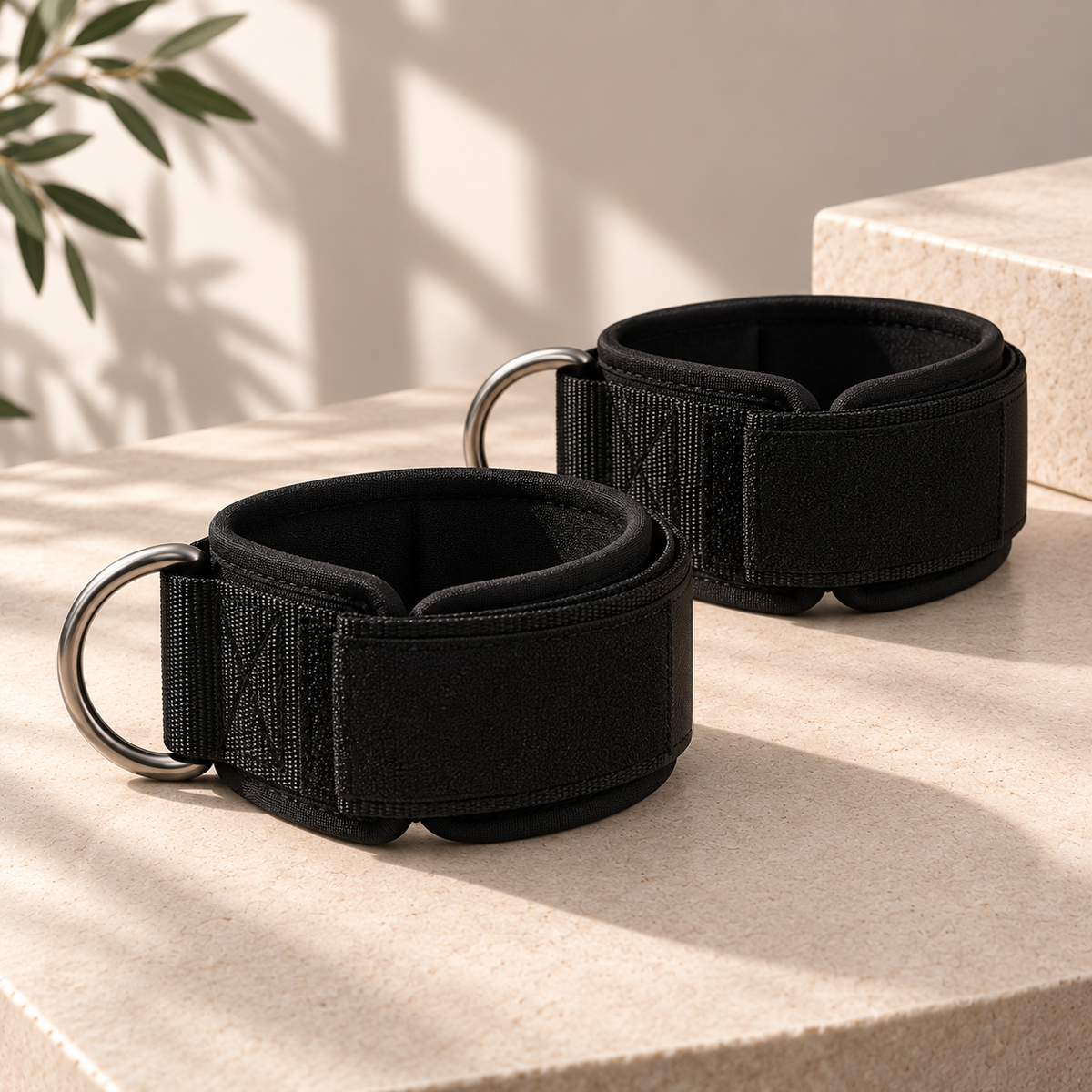 Pair of black ankle straps with metal D-rings for resistance band exercises.