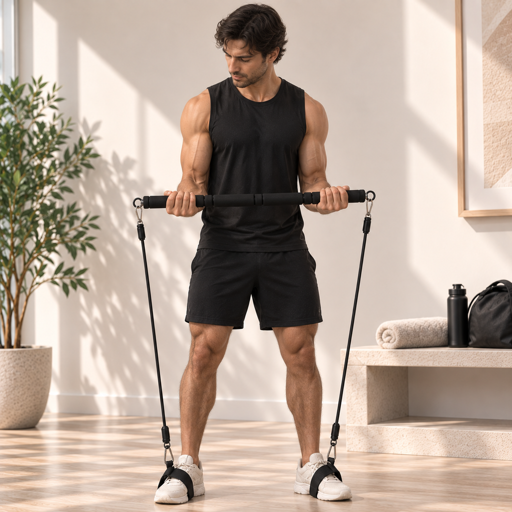 Man performing a standing biceps curl with the SÖM workout bar and resistance bands under his feet.