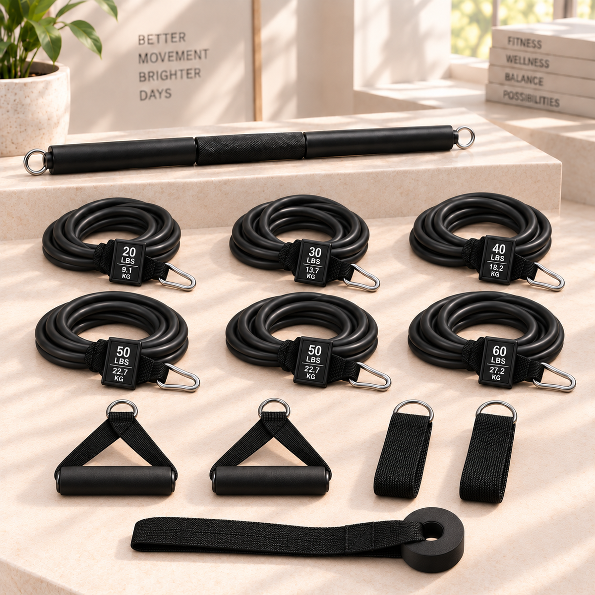 SÖM Resistance System with six bands, a workout bar, handles, ankle straps, door anchor, carry bag and guide.
