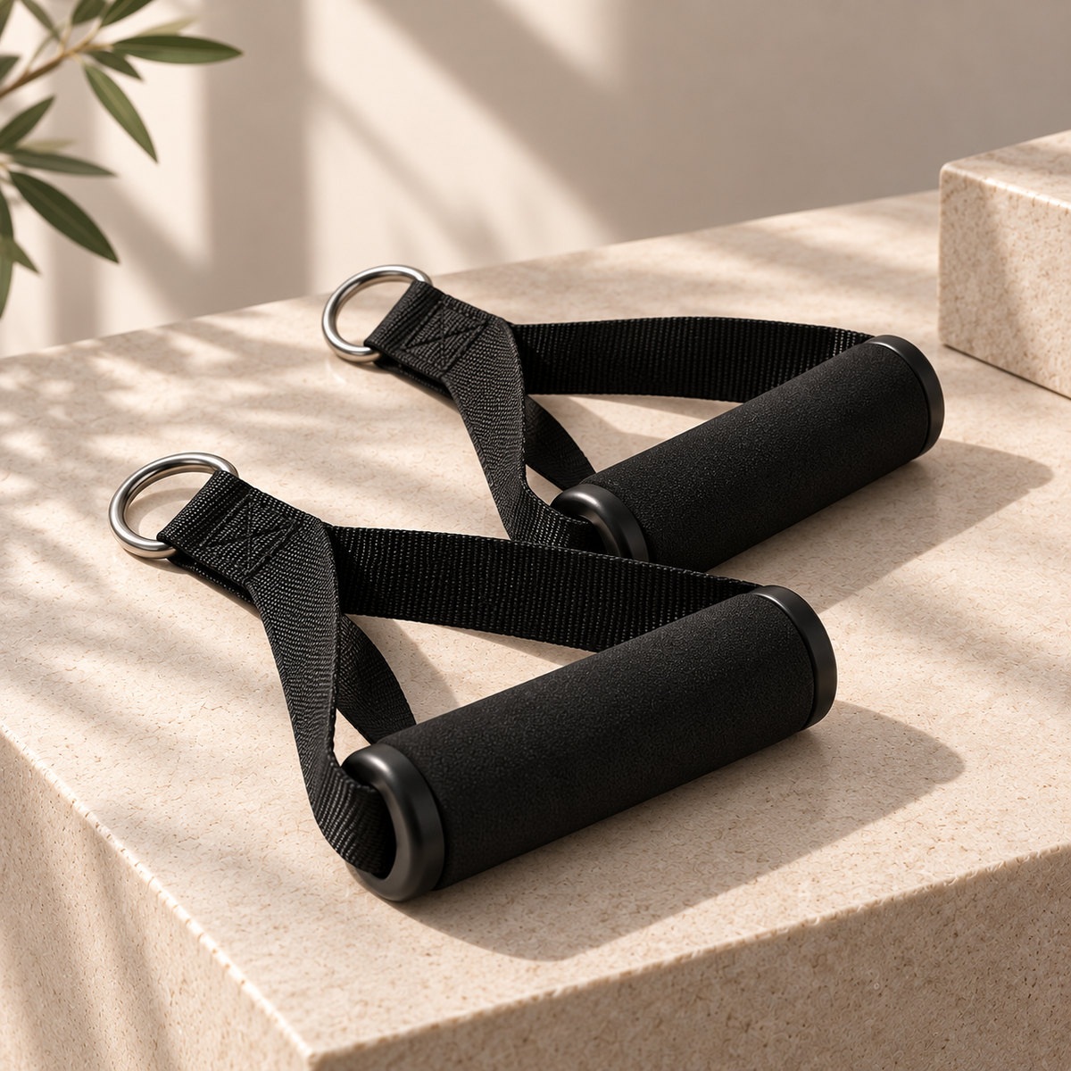 Two black foam-grip handles with woven straps and a metal D-ring on each handle.