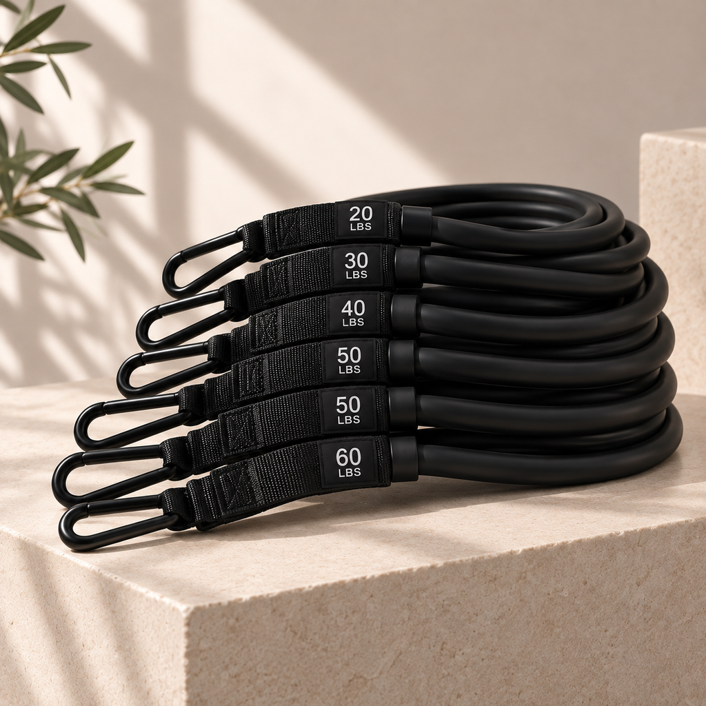 Six black resistance bands labelled 20, 30, 40, 50, 50 and 60 lbs, with attachment clips.