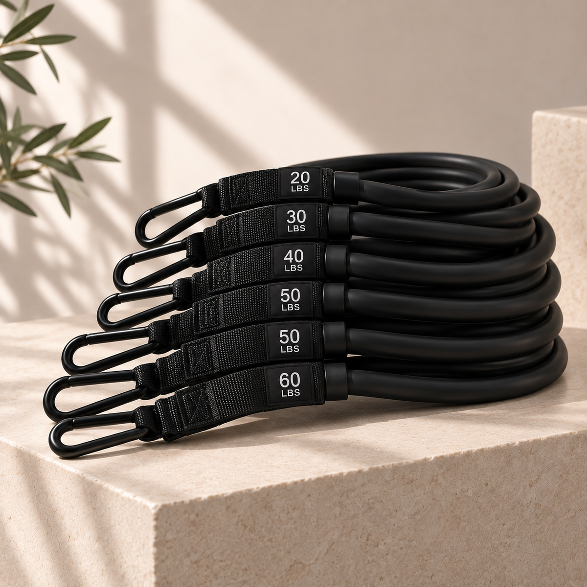 Six black resistance bands labelled 20, 30, 40, 50, 50 and 60 lbs, with attachment clips.
