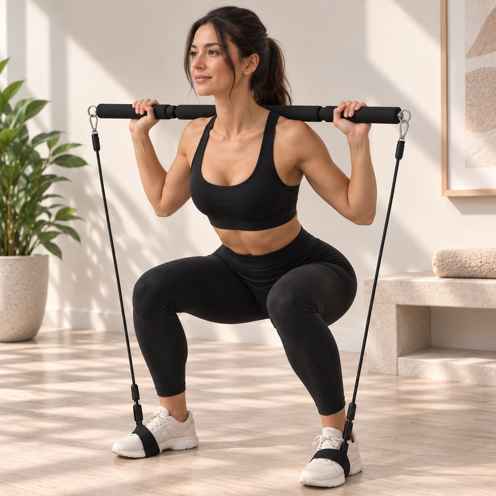 Woman performing a squat with the SÖM workout bar across her shoulders and resistance bands under her feet.