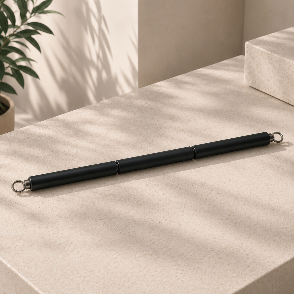 Three-piece black workout bar with metal attachment rings at both ends.