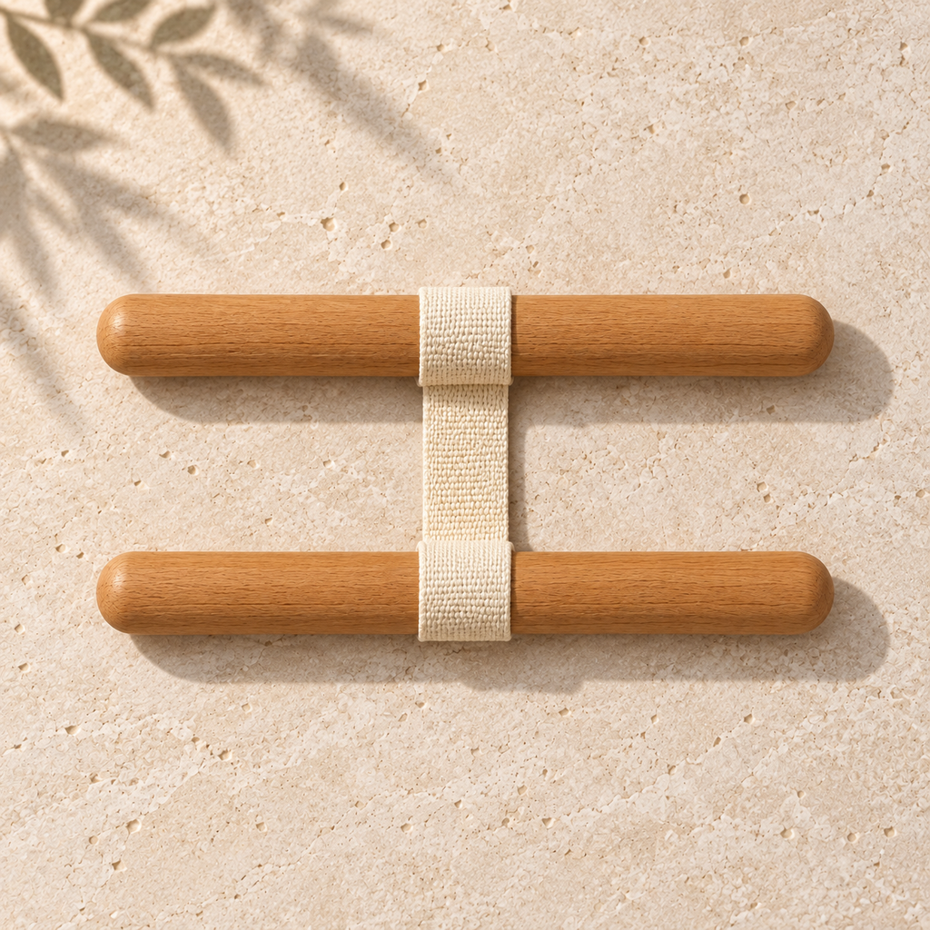 Overhead view of the SÖM Stretch System with two wooden bars connected by a cream woven strap.