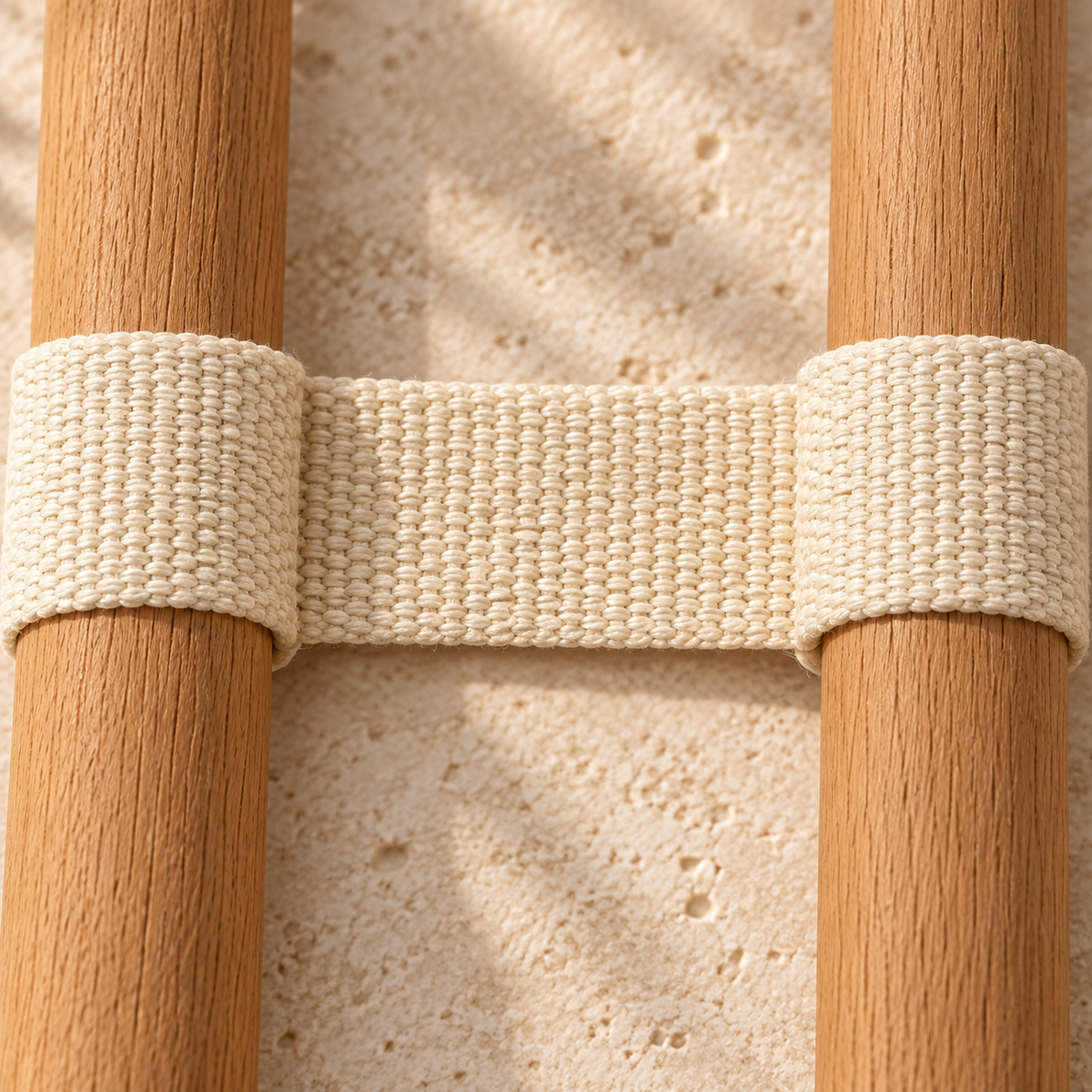 Close-up of the cream woven strap connecting the two wooden bars of the SÖM Stretch System.