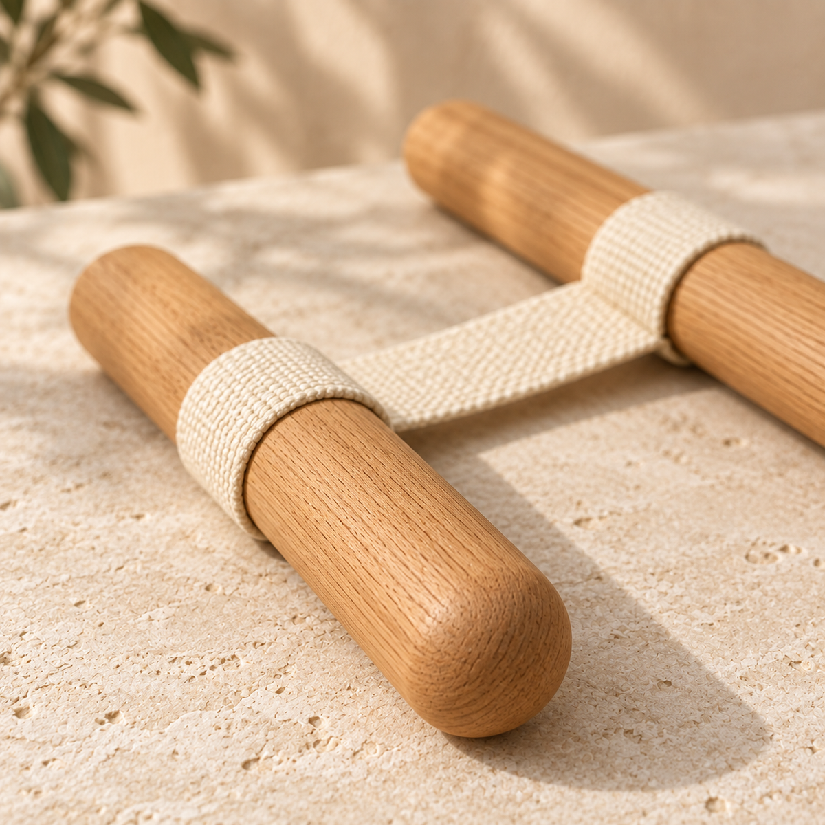 Close-up of the rounded wooden bar and natural wood grain on the SÖM Stretch System.